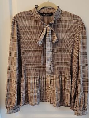Zara Plaid Tie-Neck Ruffle Blouse in Beige and Brown